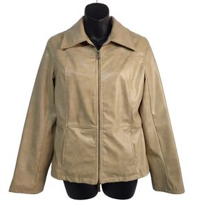 Me Jane Women's Tan Color Faux Leather Jacket Zip Up Pockets Lined Size S